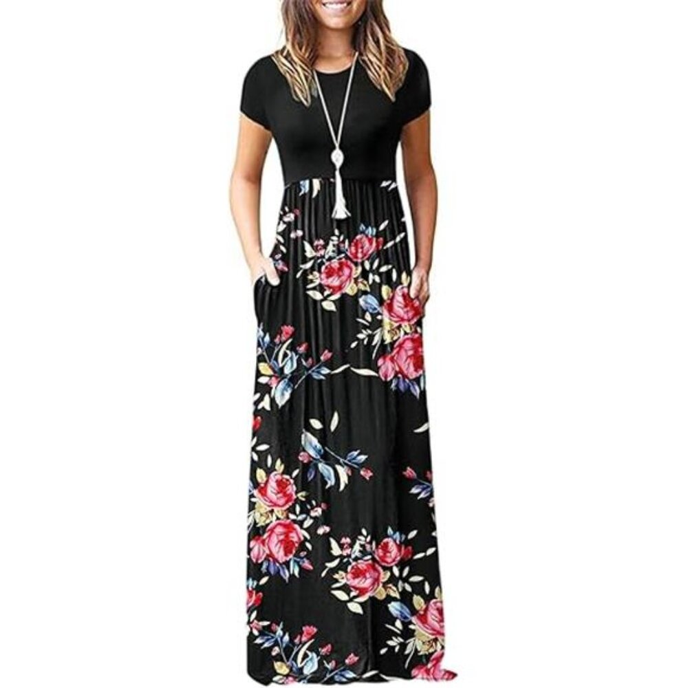 Women's‎ Summer Black Floral Short Sleeve Loose Plain Casual Long Maxi Dresses